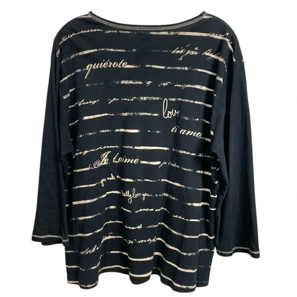 Jess & Jane 100% cotton, black w red & taupe 3/4 sleeve T-shirt w Love vibe - Picture 3 of 7